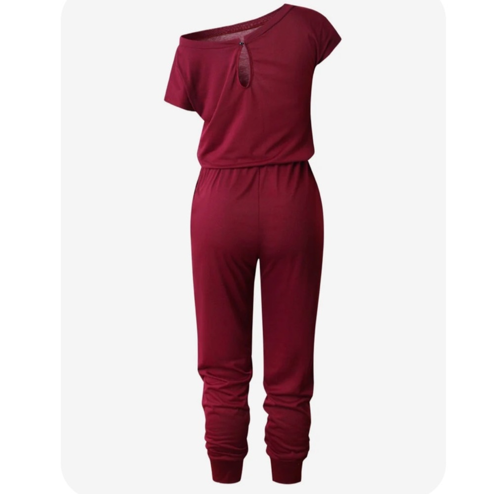 1023. Elegant Slant Off-Shoulder Maroon Jumpsuit - Picture 2 of 4